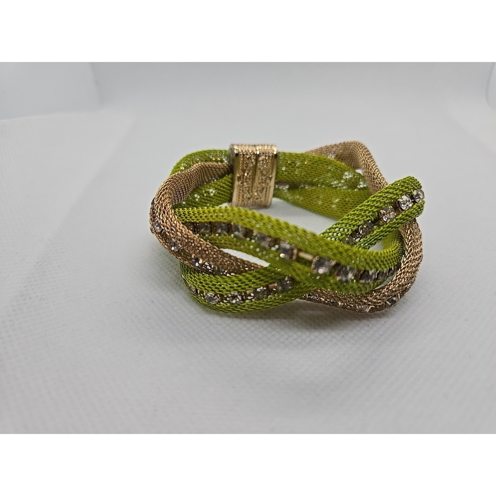 Rhinestone Accents Gold & Green Braided Mesh Magnetic Clasp Bracelet